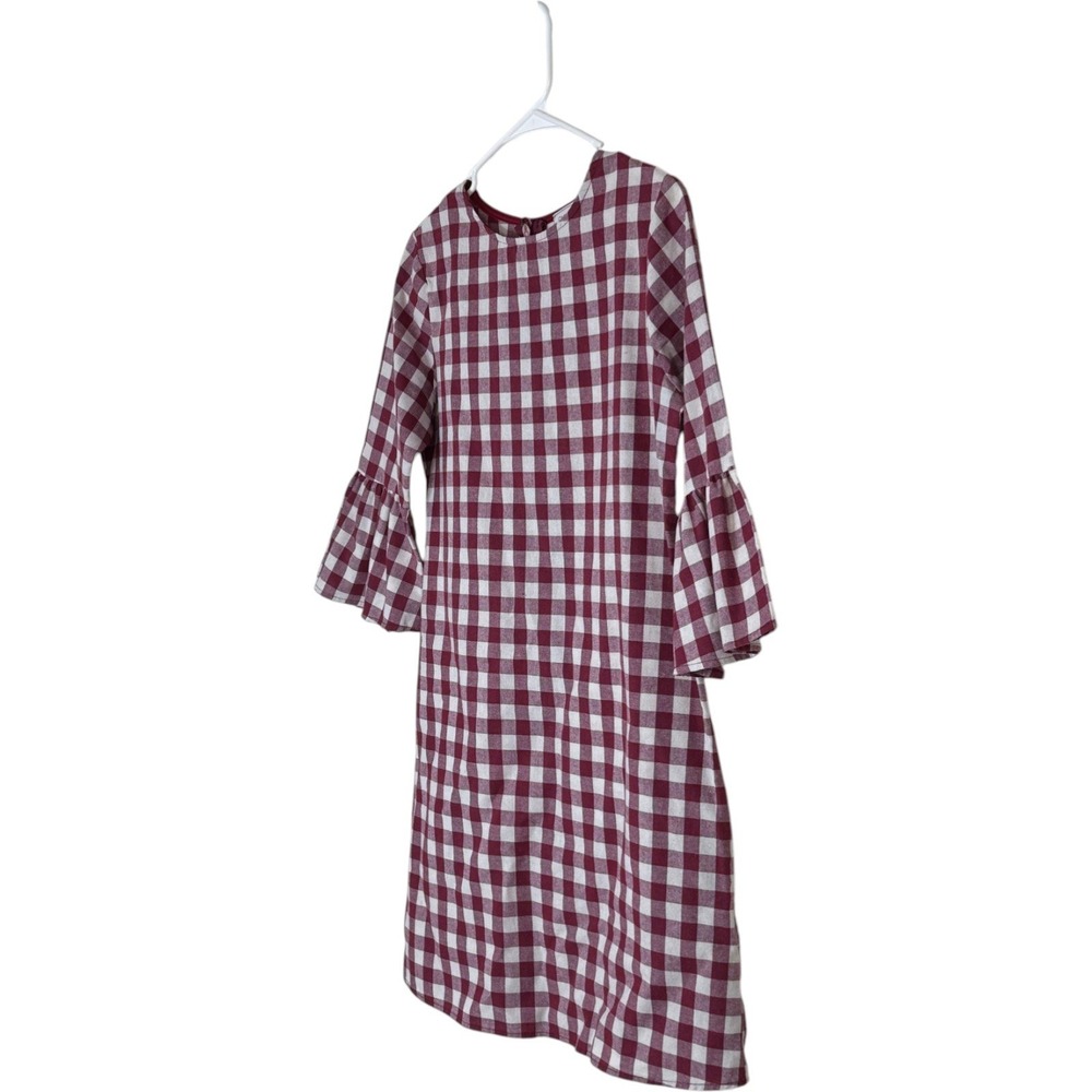 Ces Femme Shift Dress Womens Medium Burgundy Gingham Plaid Bell Sleeve Ruffle - Picture 6 of 9